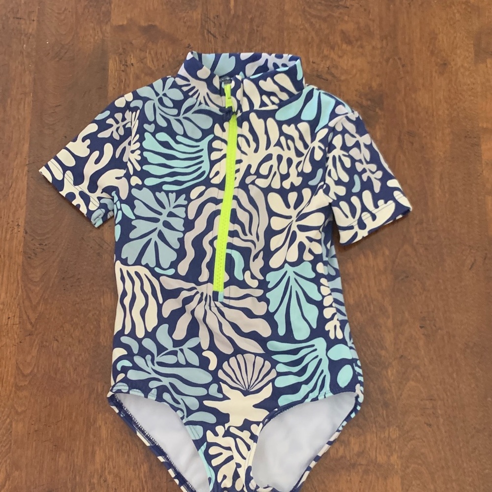 Boden Kids Swim Rashguard in Blue and Cream Leaf Print